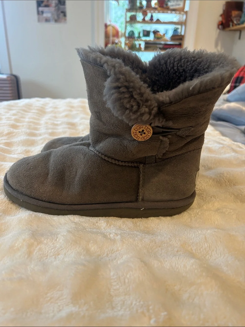 UGG Charcoal Suede Shearling Button Boot